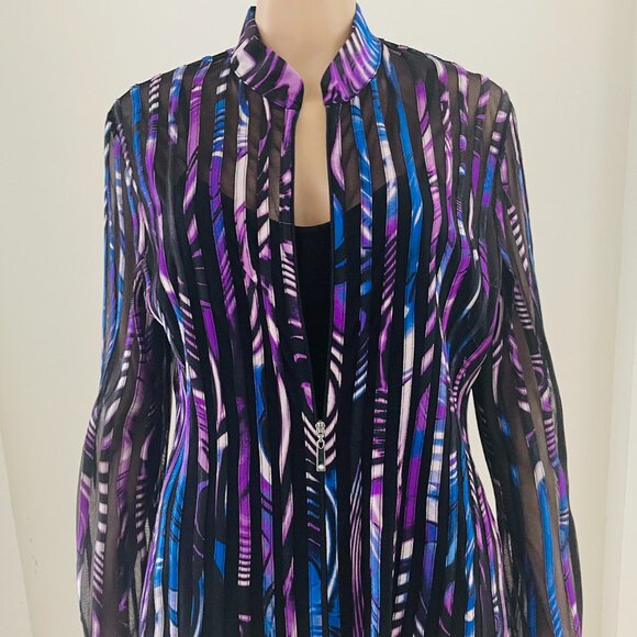 JS Collections Tops - JS Collections Sheer Black Abstract Print Stripe Full Zip Blouse Twin Set Size14